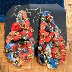 Vintage Colorful Fabric Woven Earrings with Gold Wire Accents And Stones NWT